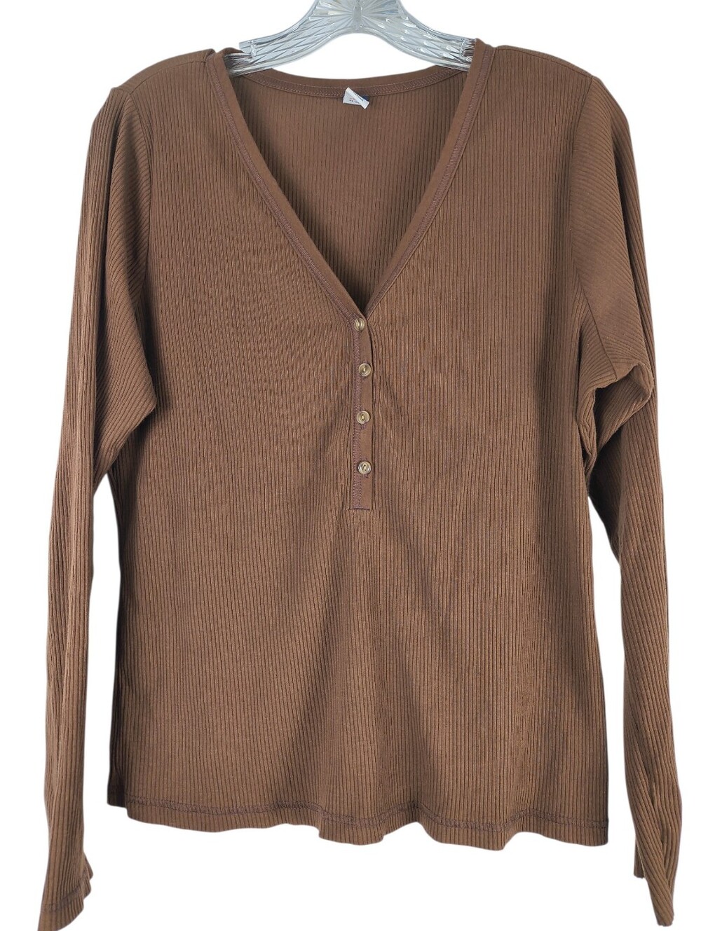 Old Navy Shirt Women's XL Brown Ribbed Henley Long Sleeve Stretch Neutral V Neck